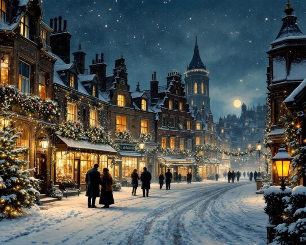 Magical European Village Street on a Snowy Christmas Night