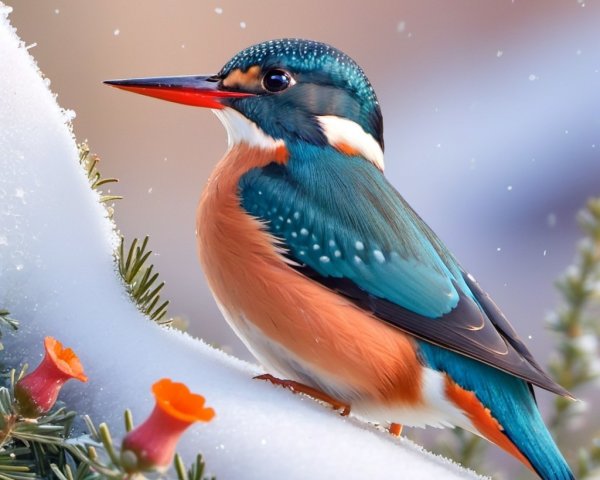 Kingfisher on Snowy Branch with Colorful Flowers