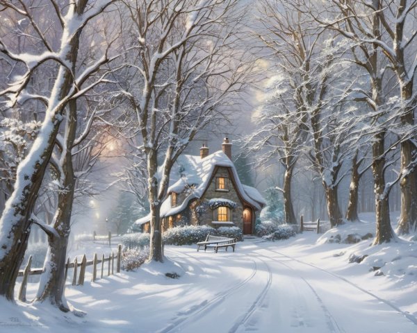 Cottage in a Serene Winter Landscape with Snow