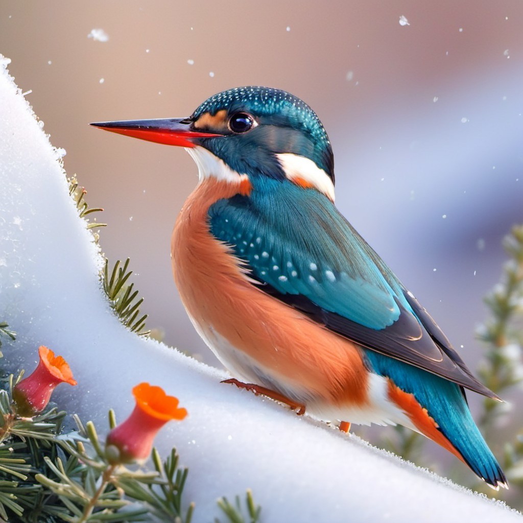 Kingfisher on Snowy Branch with Colorful Flowers