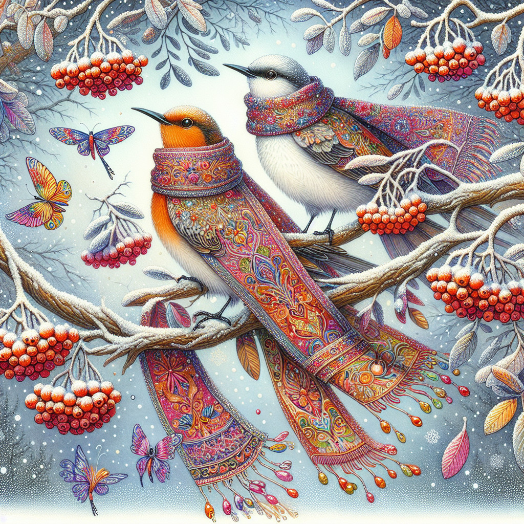 Colorful Birds with Scarves on Snowy Branches