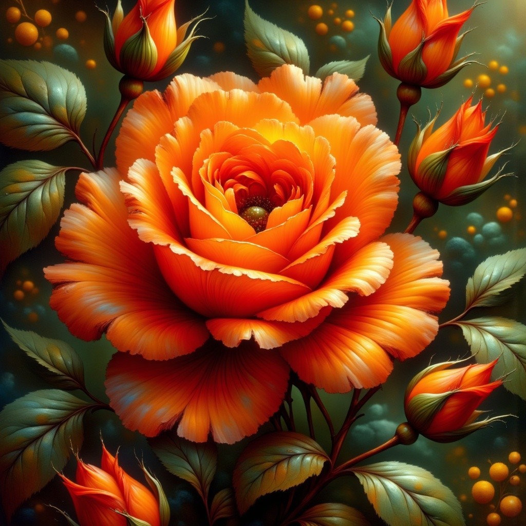 Vibrant Orange Rose Surrounded by Green Leaves and Buds