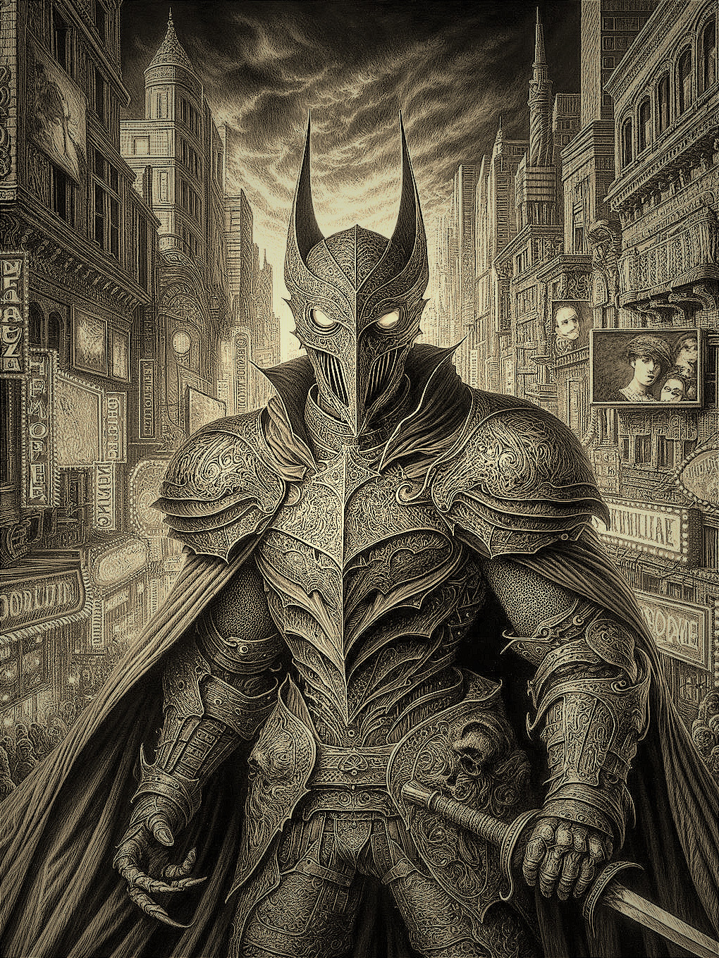 Monochrome Artwork of Armored Figure in Gothic Cityscape