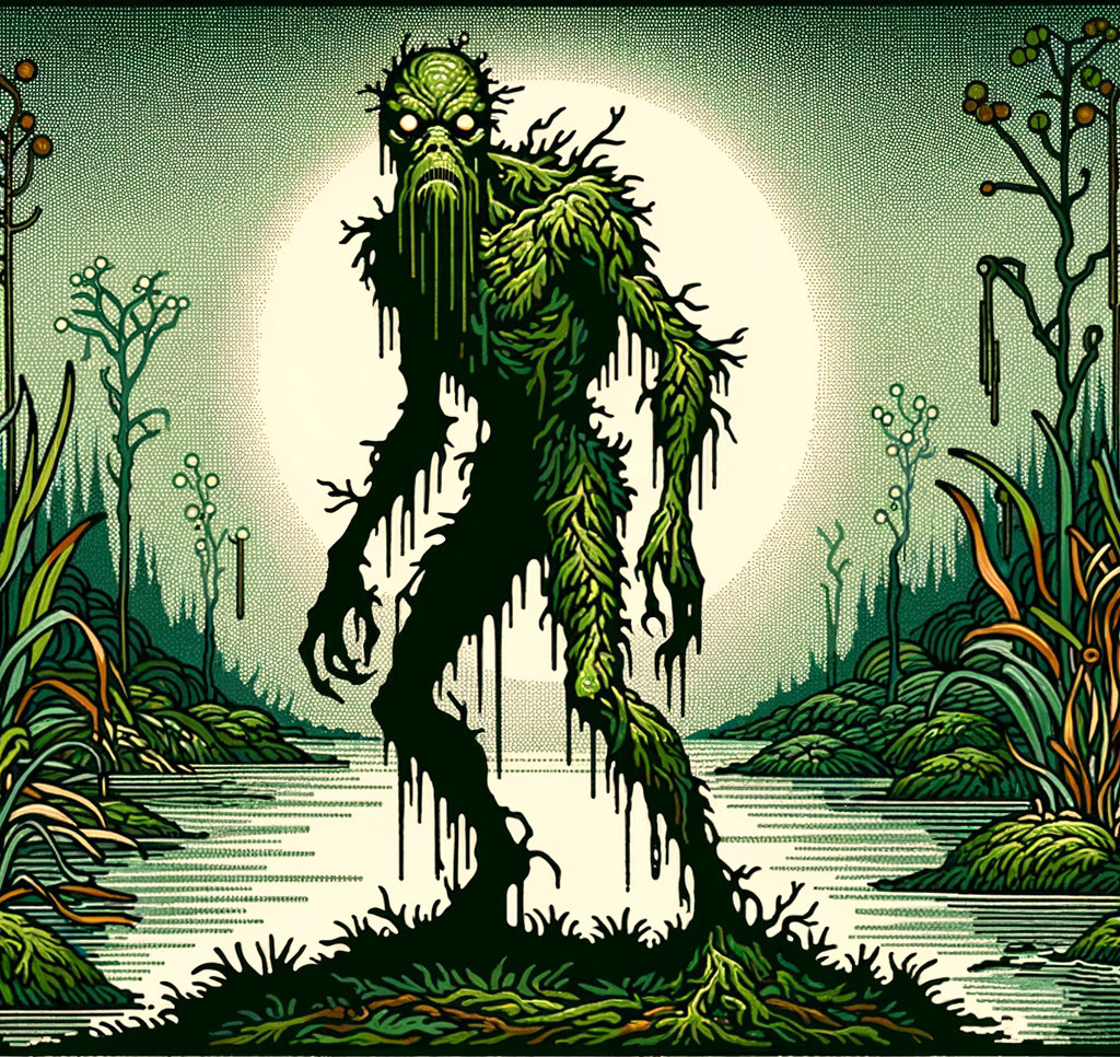 Swampy Humanoid Figure in Marsh Under Full Moon