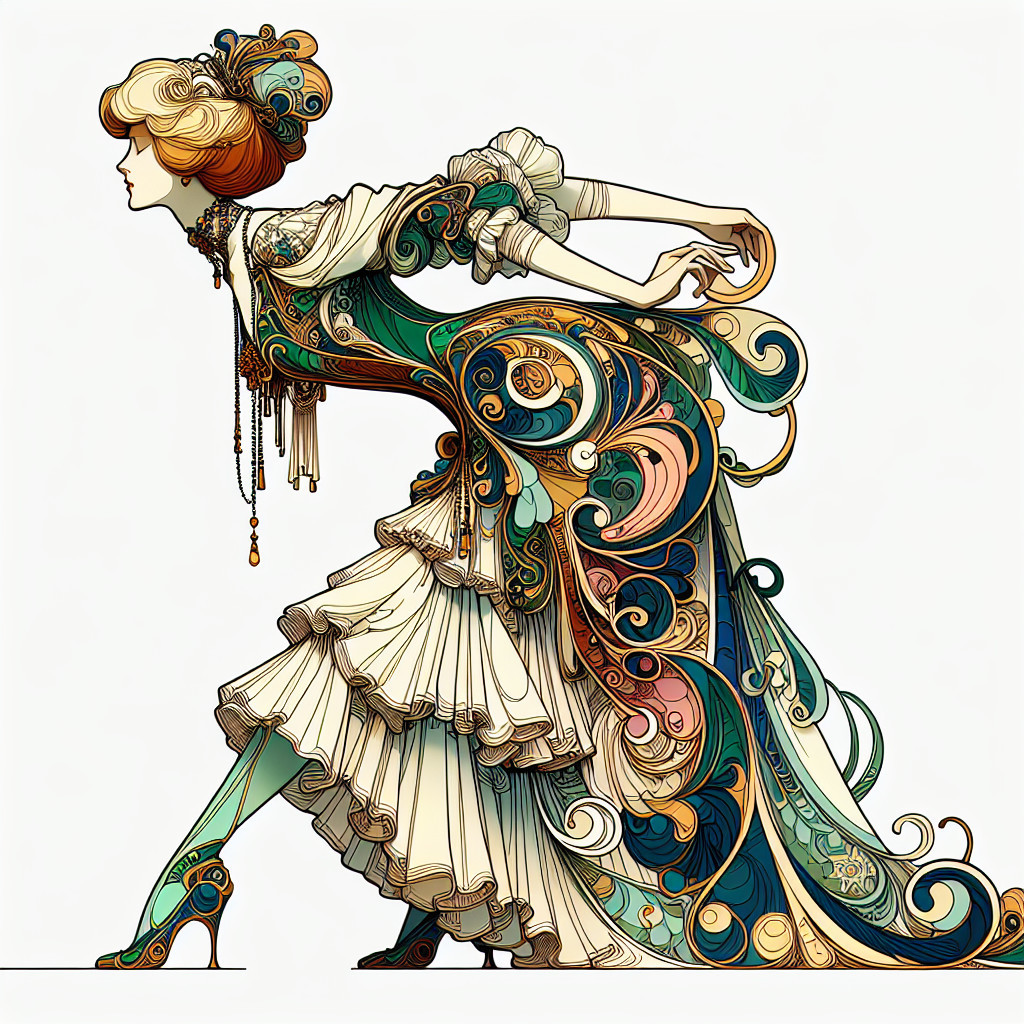 Stylized Figure in Ornate Dress with Vibrant Patterns