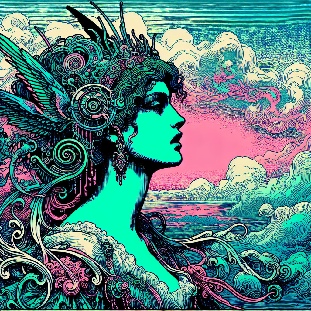 Mystical Woman with Intricate Hair Designs and Sky