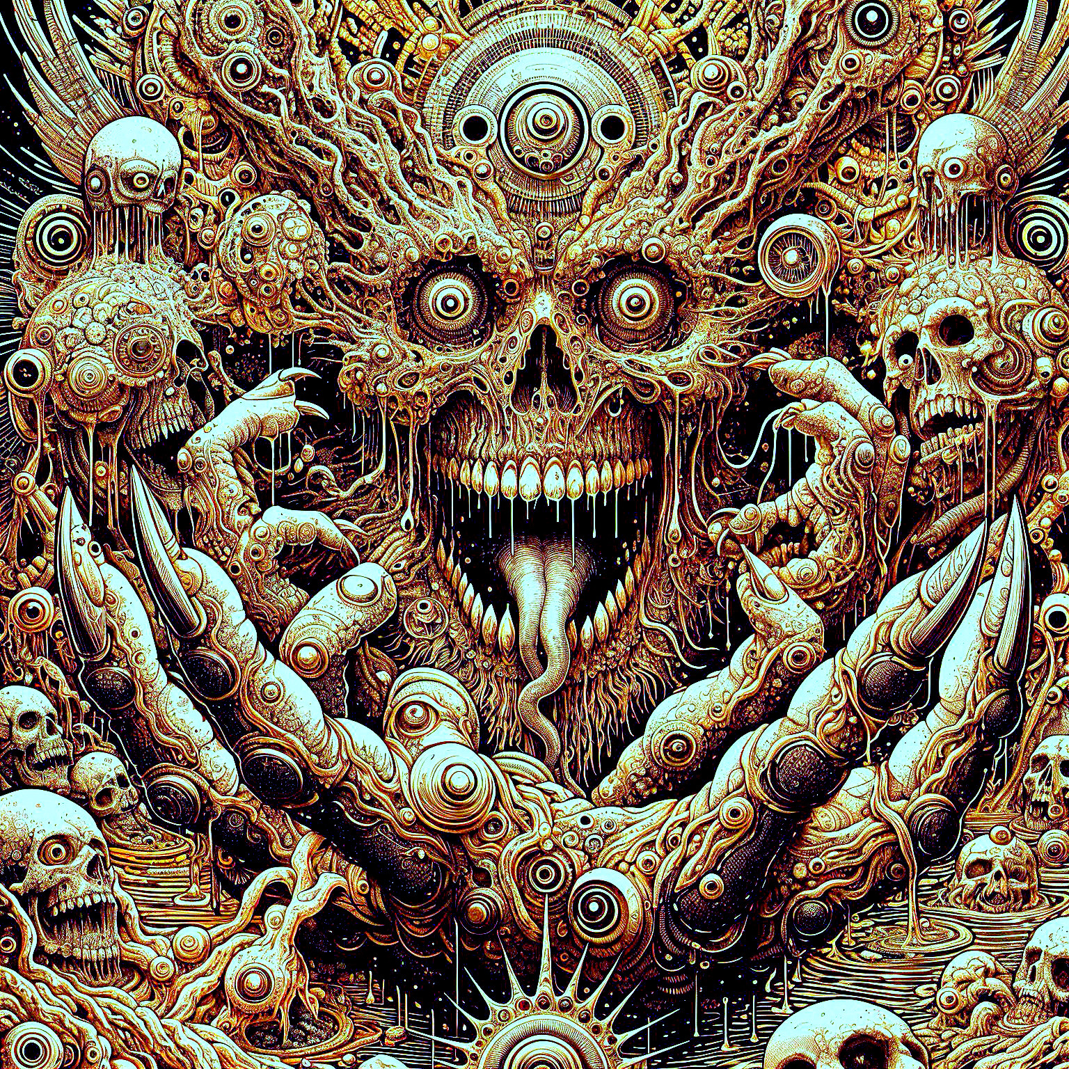 Surreal Illustration of Menacing Entity with Skulls