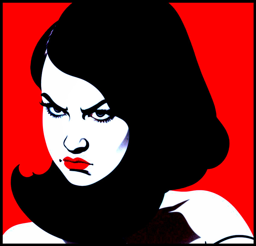Black-and-white portrait of a woman with red background
