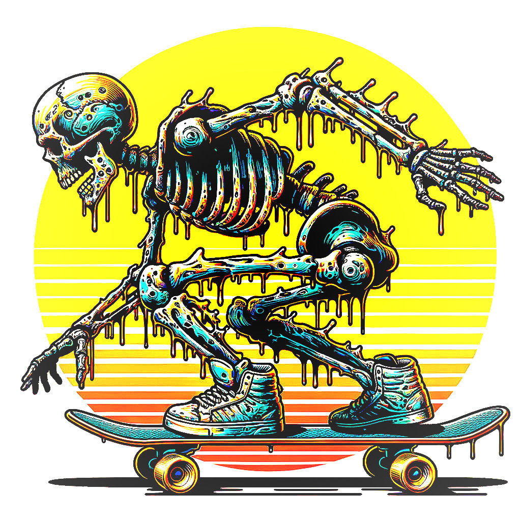 Vibrant Illustration of Skeleton Skateboarding Energetically