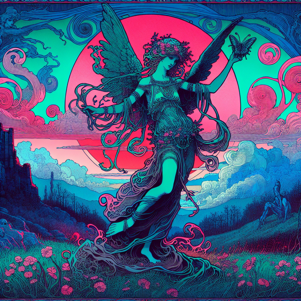 Ethereal figure with wings against a colorful sunset