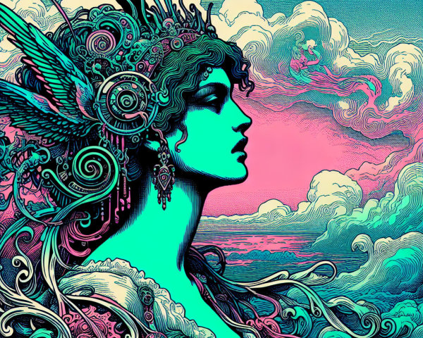 Mystical Woman with Intricate Hair Designs and Sky