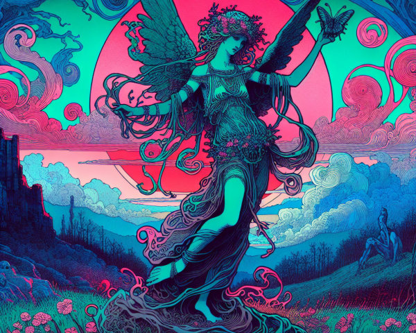 Ethereal figure with wings against a colorful sunset