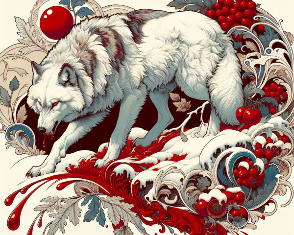 White Wolf Surrounded by Fruit and Ornate Patterns