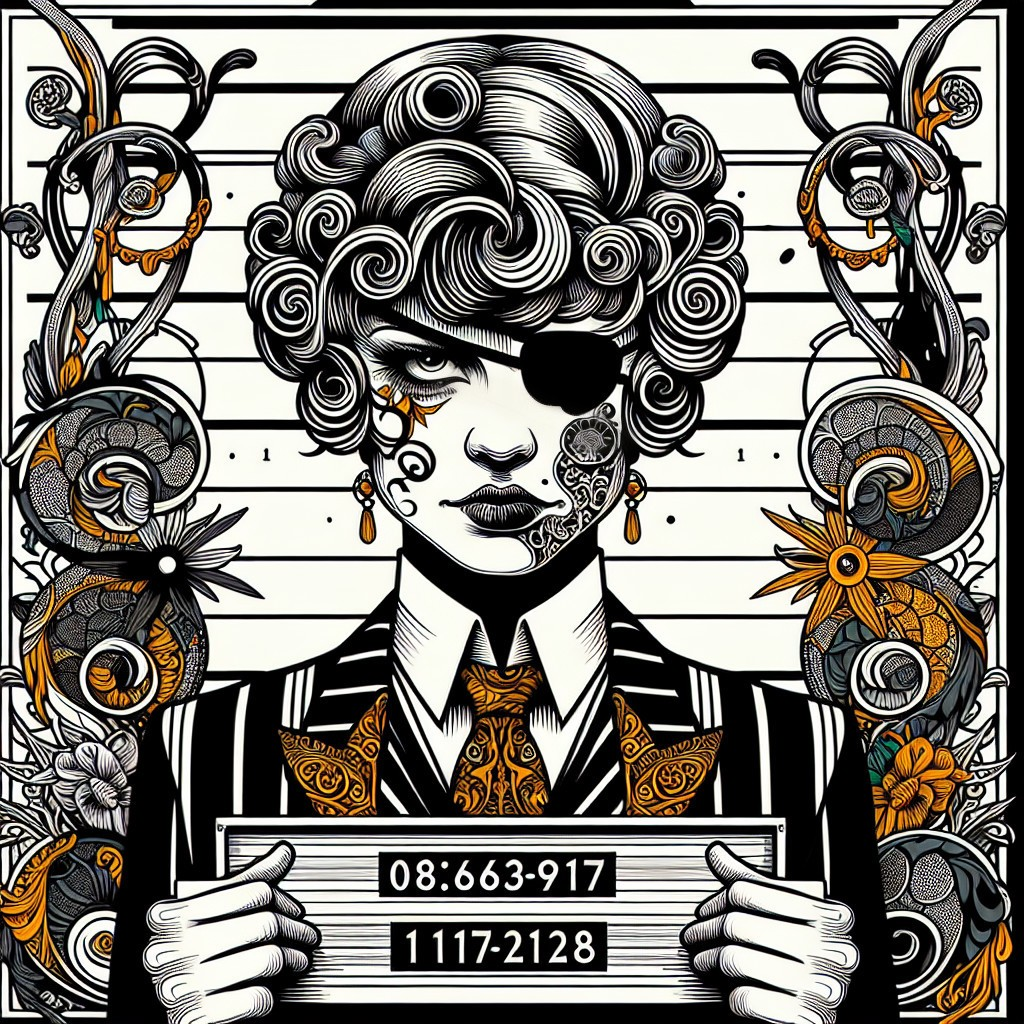 Stylish Character in Pinstripe Suit with Mugshot Sign