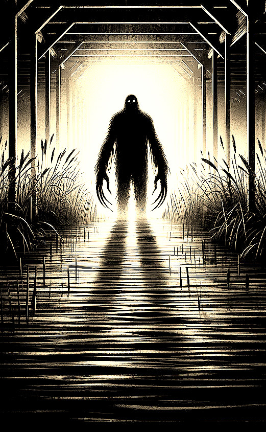 Shadowy Figure in Dimly Lit Corridor with Grass