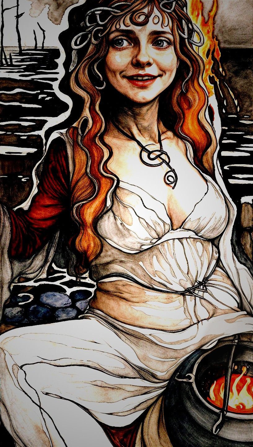 Mystical Woman by Bubbling Cauldron in Enchanted Setting