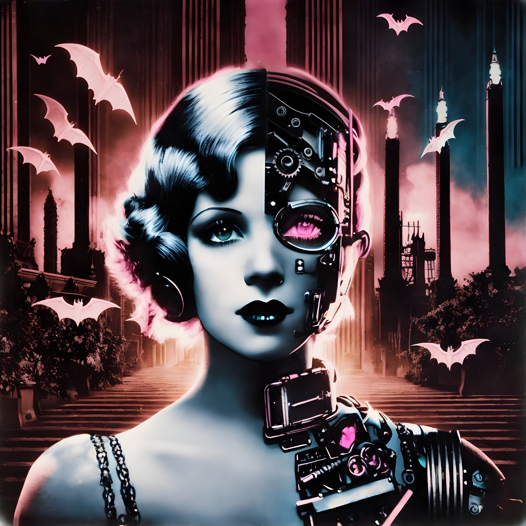 Futuristic Woman with Cybernetic Features and Bats