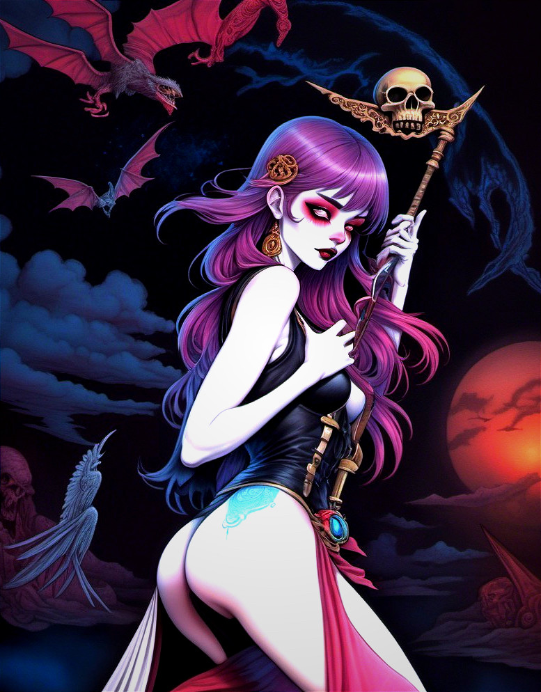 Female figure with purple hair and skull staff