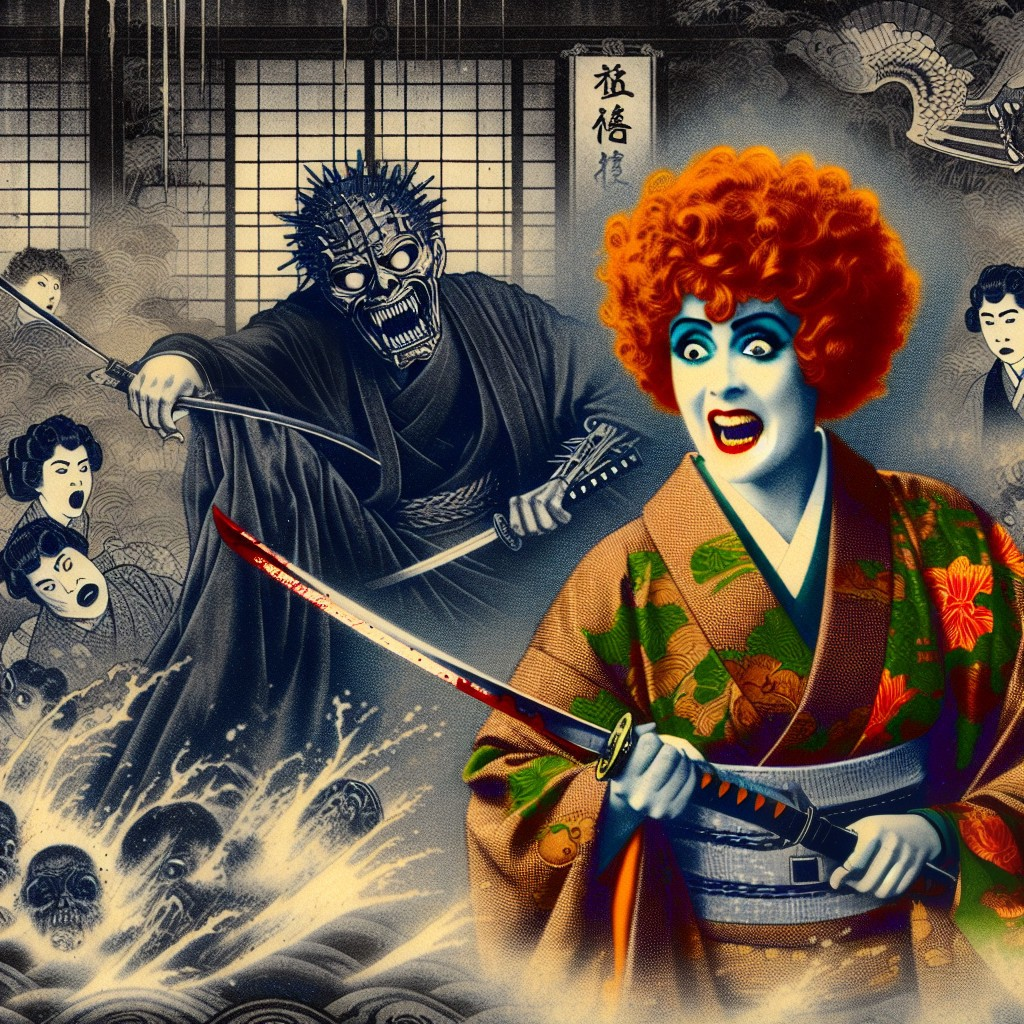 Fierce Woman in Kimono Confronts Ghostly Figure