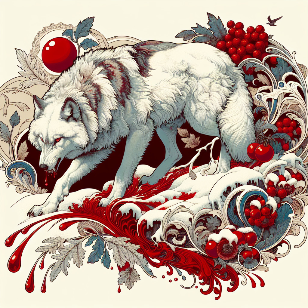 White Wolf Surrounded by Fruit and Ornate Patterns