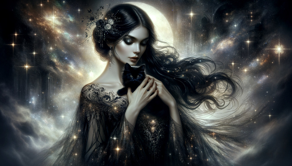 Mystical Woman in Black Gown with Cat Under Stars