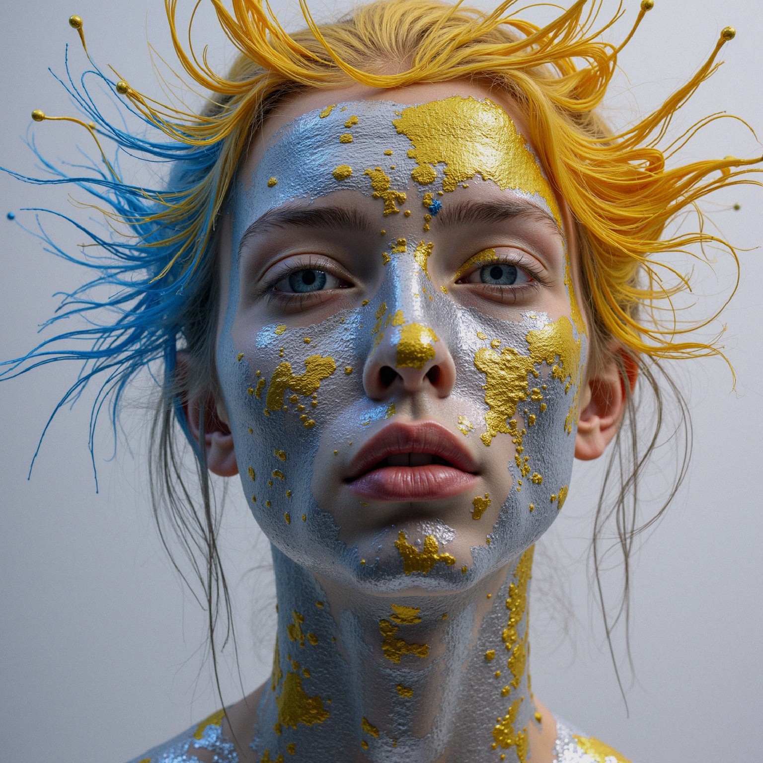 Portrait of a model with silver and colorful face paint