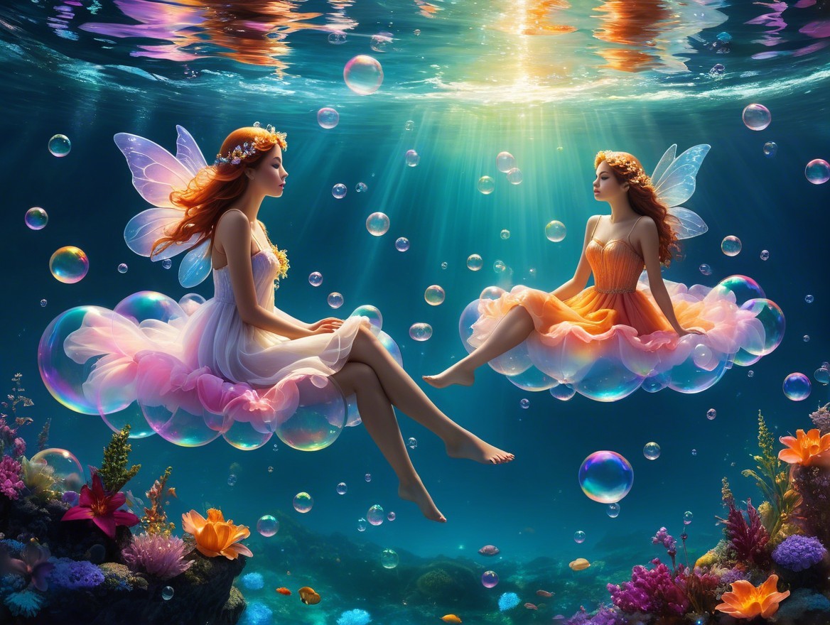 Enchanting Fairies on Bubbles in Underwater Scene