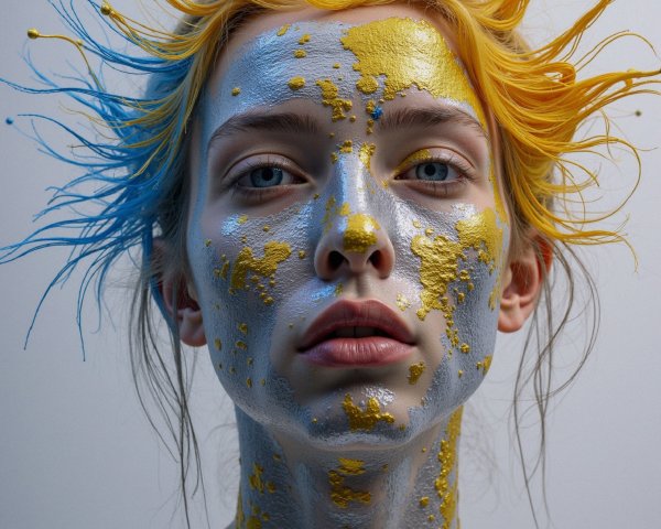 Portrait of a model with silver and colorful face paint