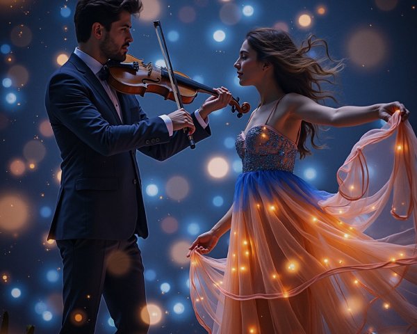 Romantic Scene with Violinist and Dancer in Bokeh Lights