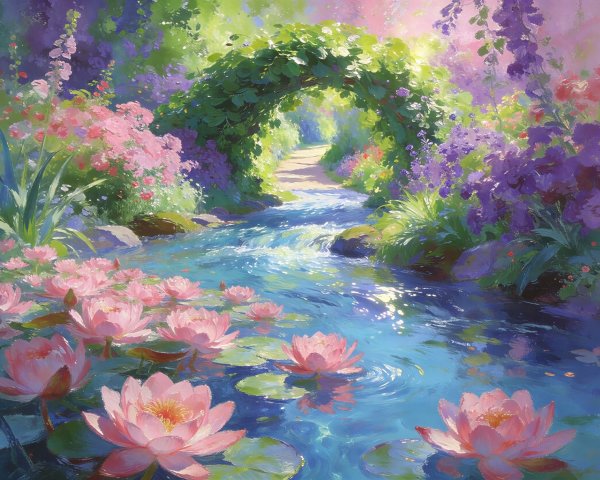 Fairytale Painting of a Garden Stream with Flowers