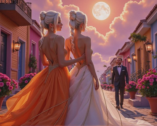 Elegant Women in Colorful Street at Sunset