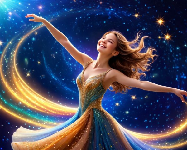 Joyful Woman in Shimmering Gown Against Cosmic Background