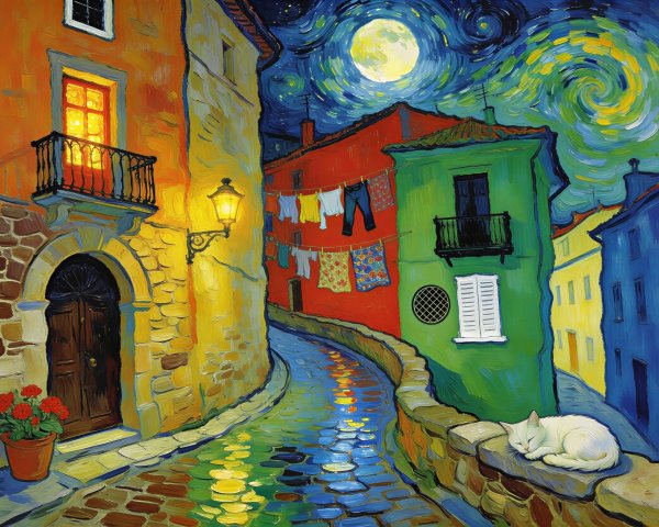 Vibrant Oil Painting of a Nighttime Street Scene