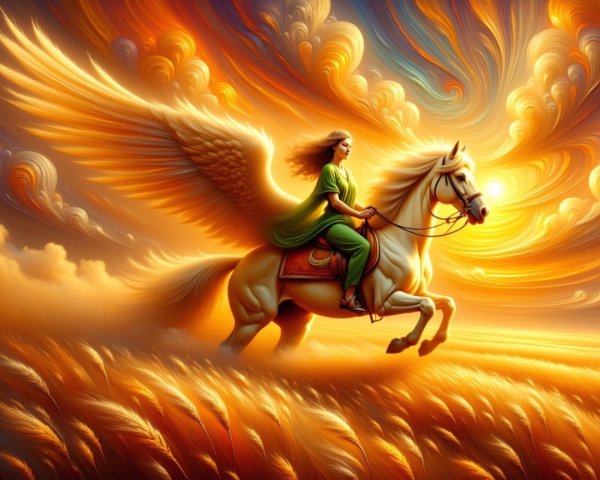 Winged Horse Galloping Through Golden Fields at Sunset