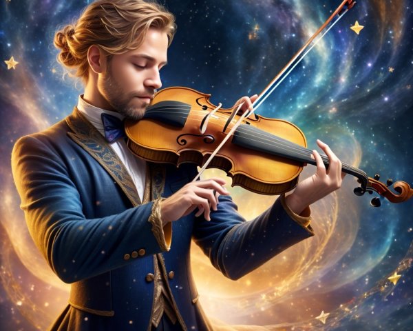 Young Man in Blue Suit Playing Violin in Cosmic Scene