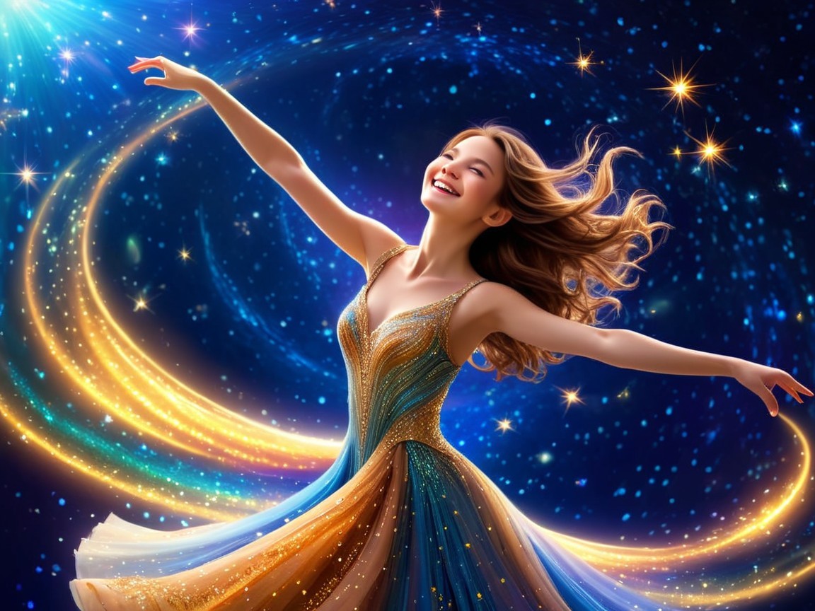 Joyful Woman in Shimmering Gown Against Cosmic Background