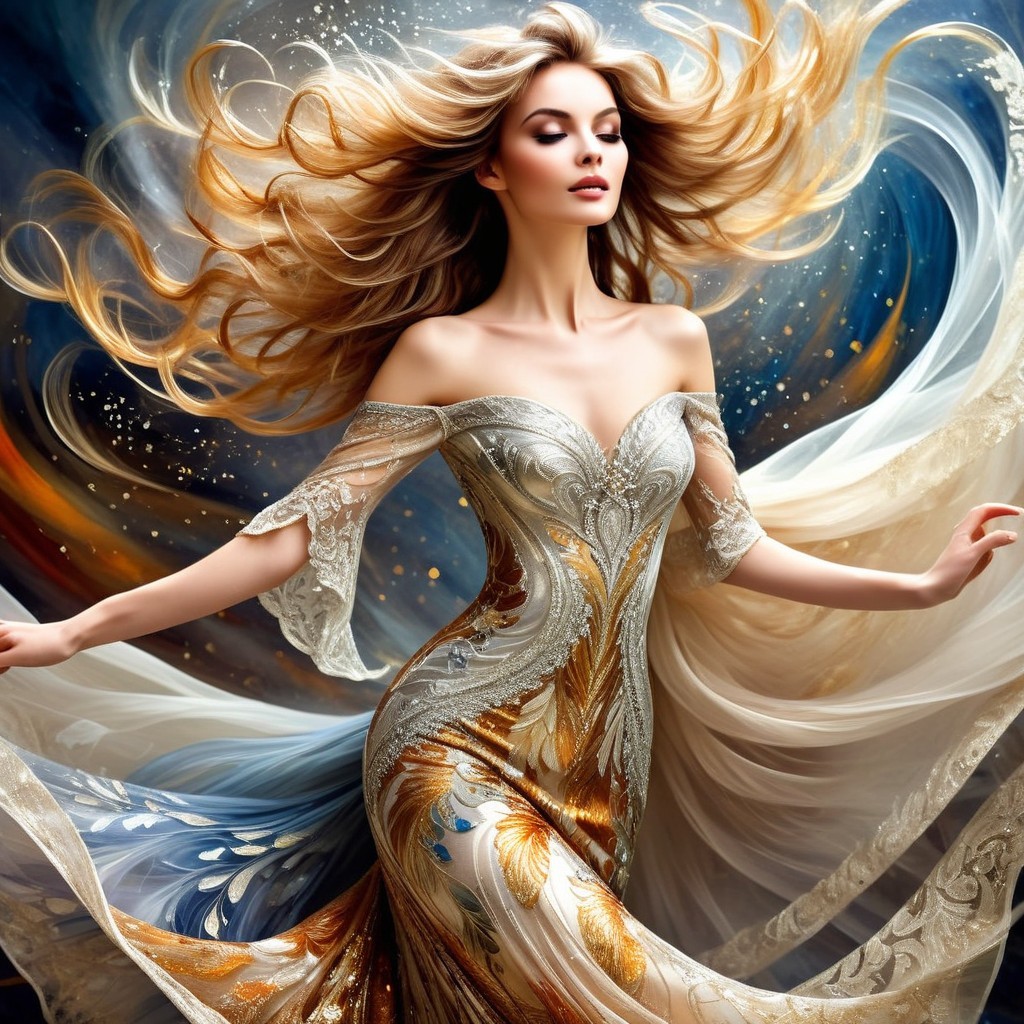 Elegant woman in off-shoulder gown with floral patterns