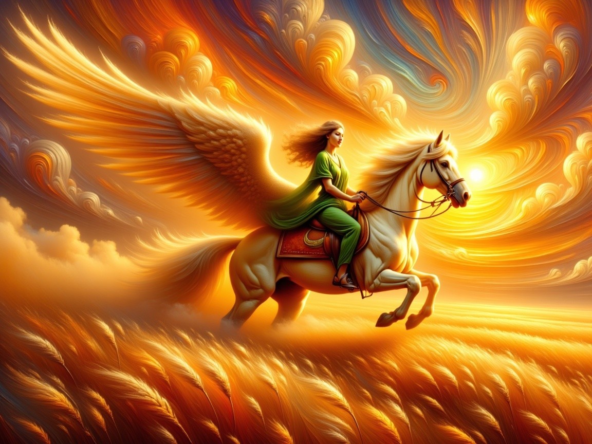 Winged Horse Galloping Through Golden Fields at Sunset