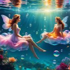 Enchanting Fairies on Bubbles in Underwater Scene
