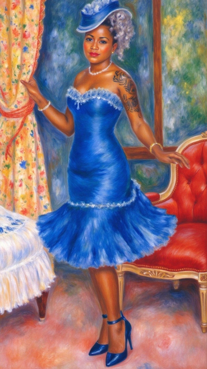 Elegant Woman in Blue Dress in Cozy Decor Room