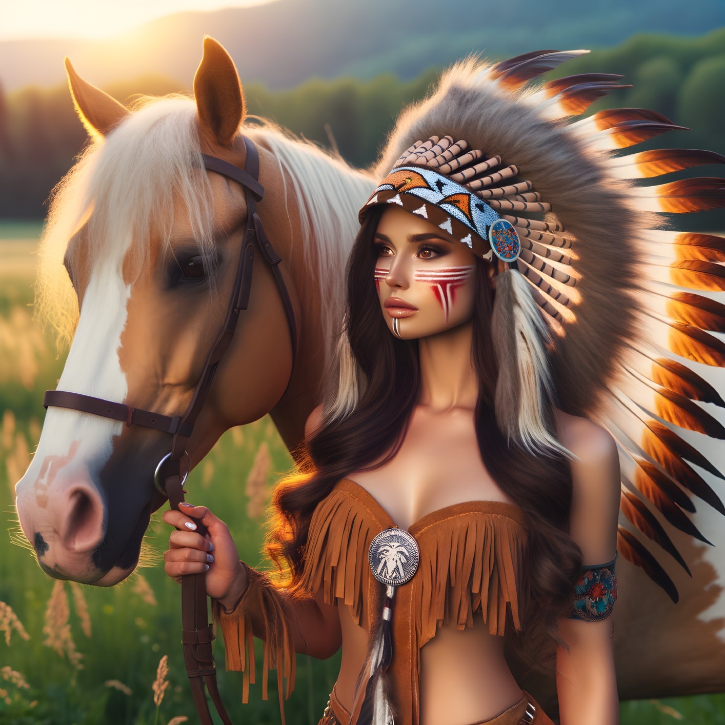 Woman in Native American attire with horse in field