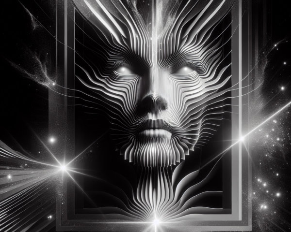 Abstract Surreal Face Design with Cosmic Backdrop