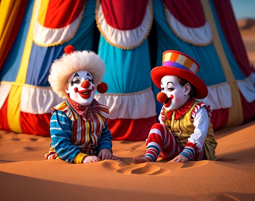 Colorful clowns in sand with circus tent backdrop