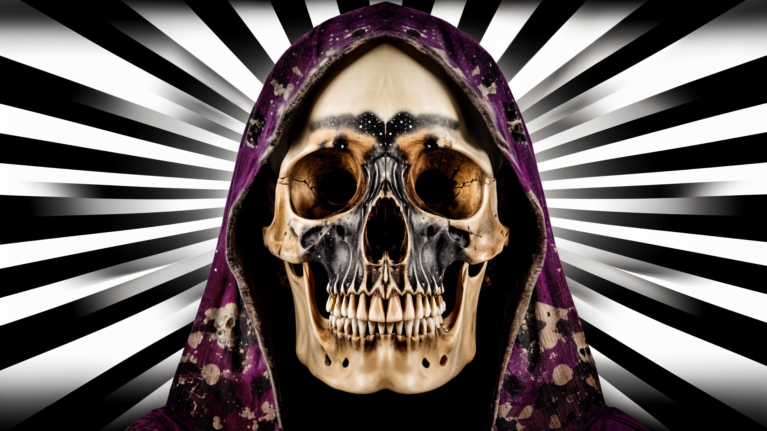 Skull with Cloak and Striking Black and White Rays