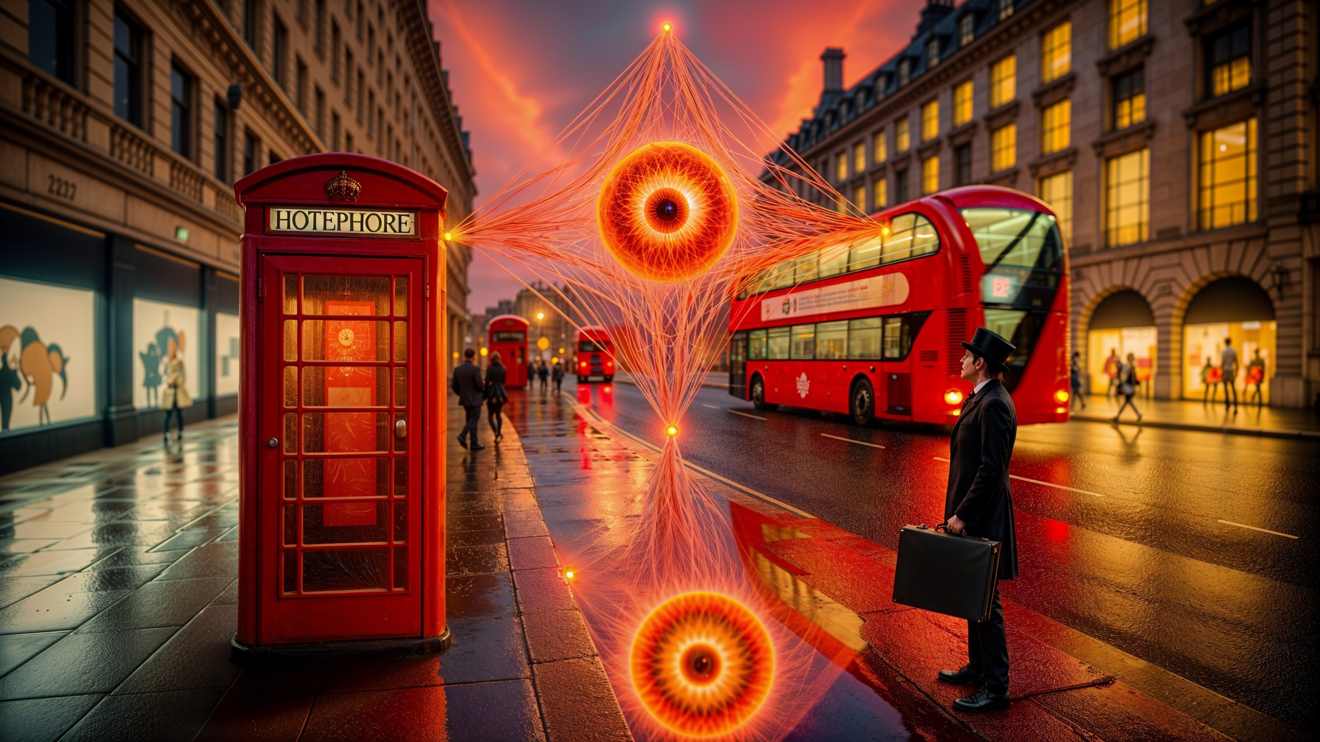 Urban Dusk Scene with Classic Telephone Booth and Buses