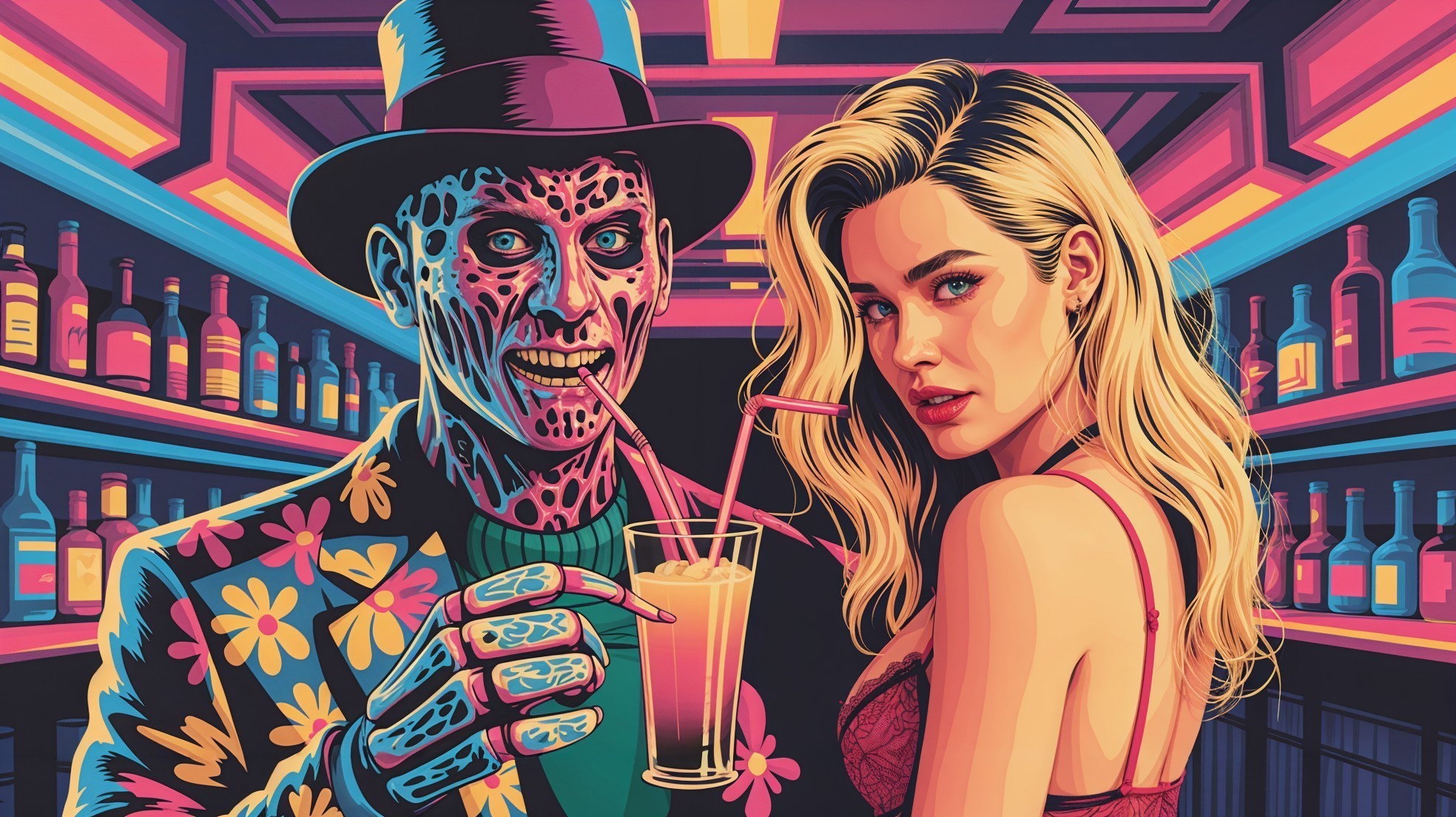 Colorful Bar Scene with Stylishly Dressed Figures