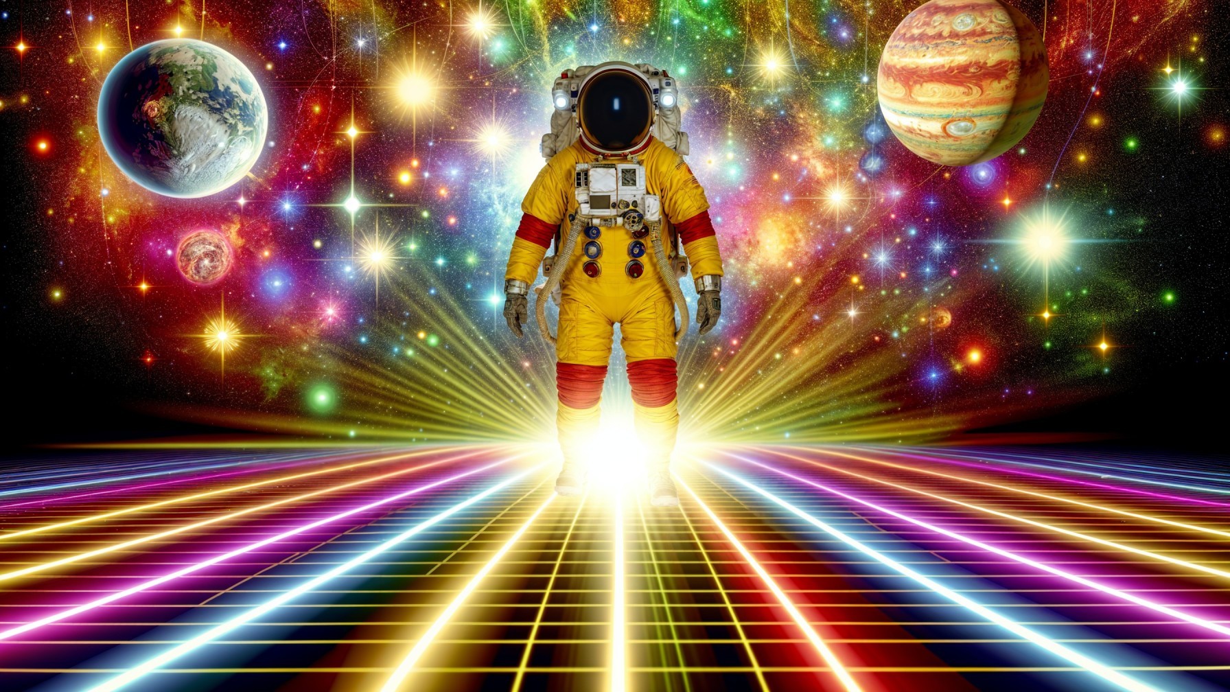 Astronaut in Yellow Suit Against Cosmic Backdrop