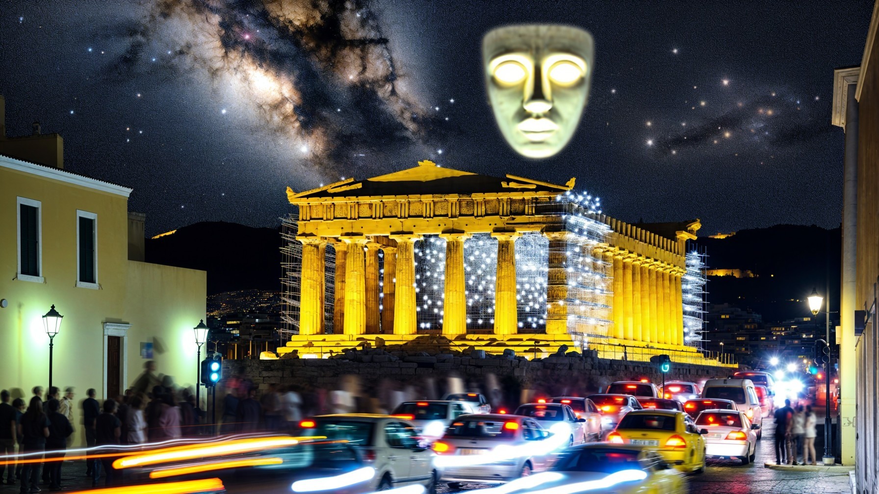 Illuminated Parthenon with Starry Night and Crowds