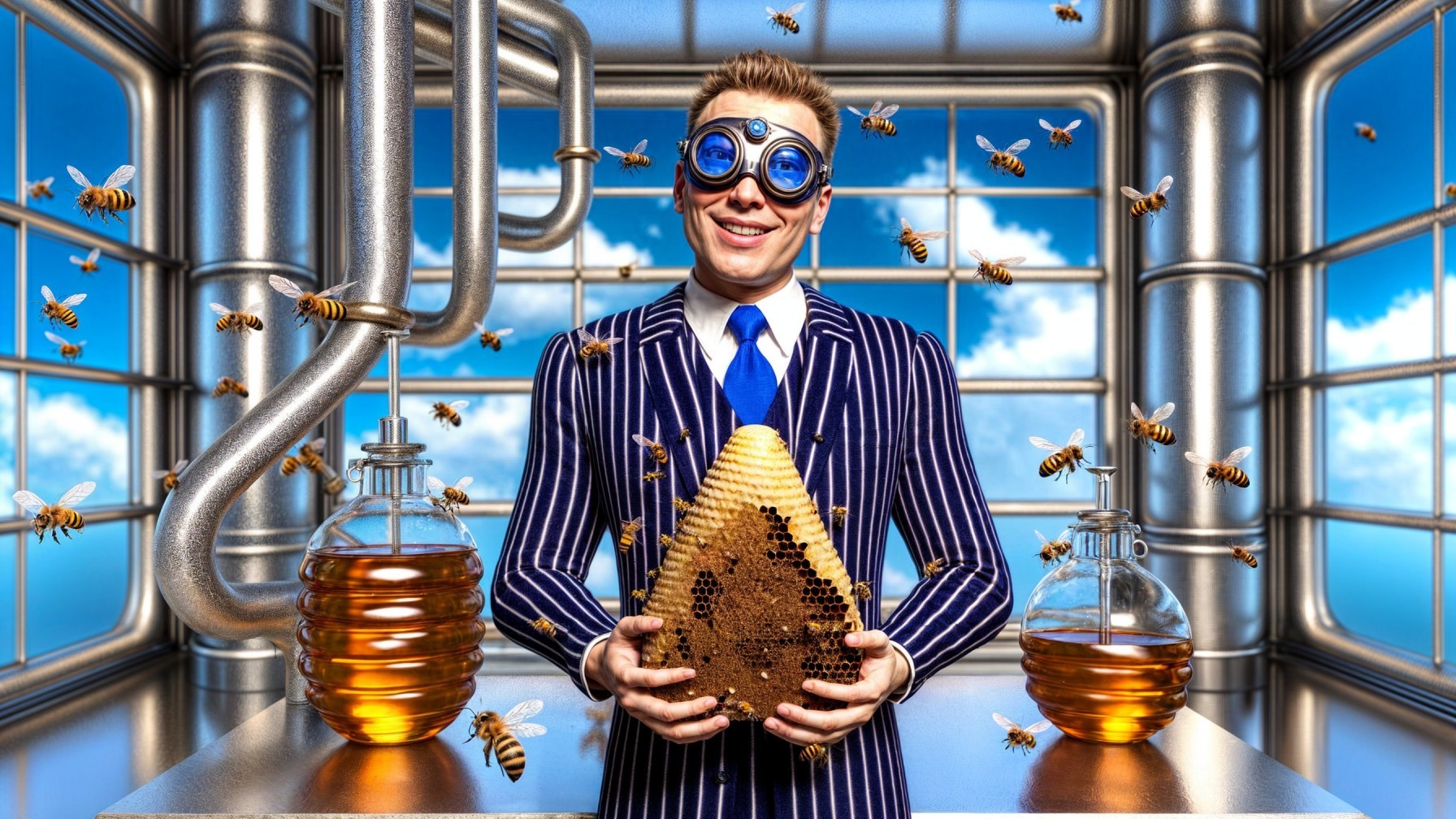Cheerful Man in Pinstriped Suit with Honeycomb and Bees