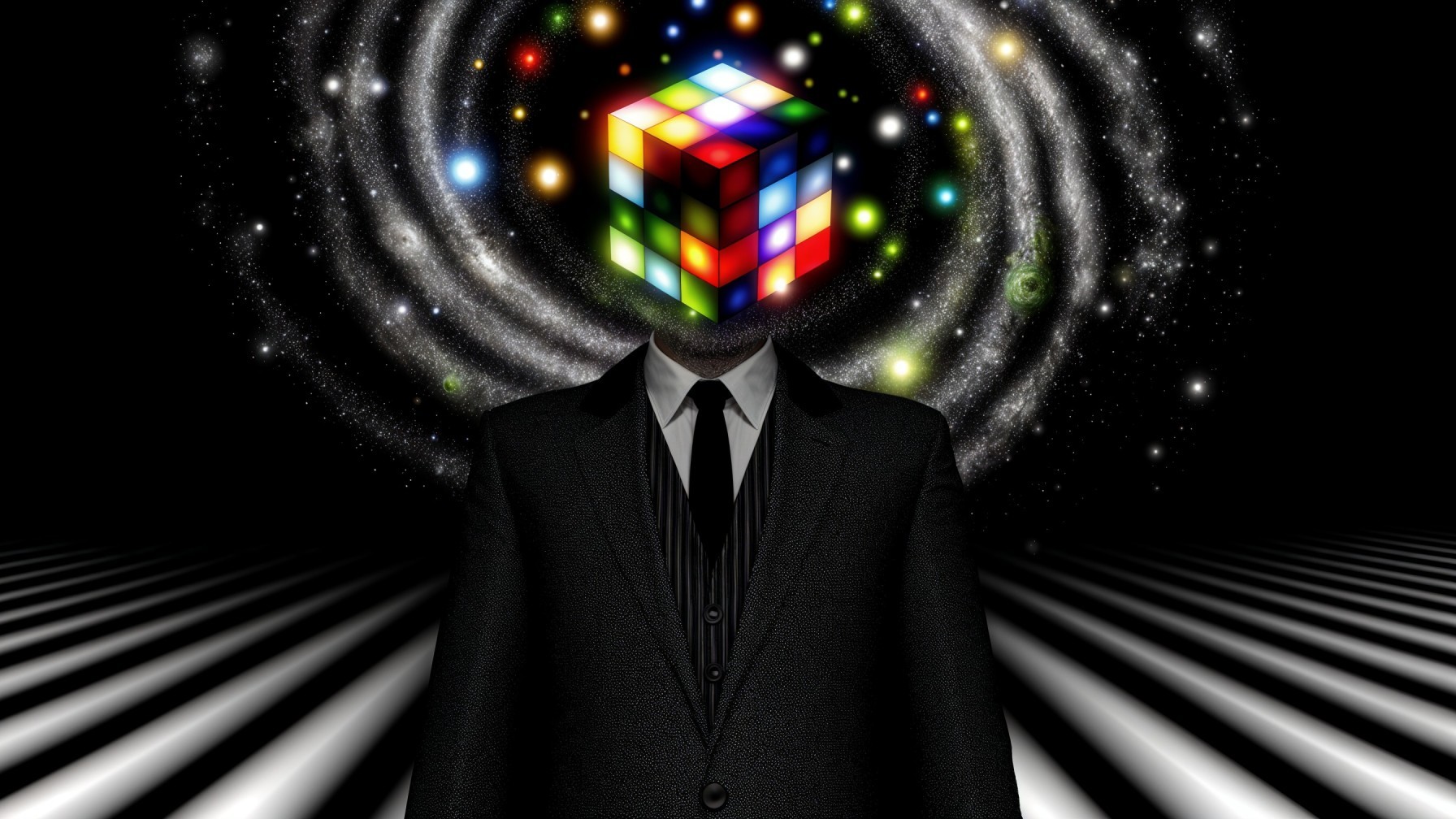 Faceless Figure in Suit with Rubik's Cube Head
